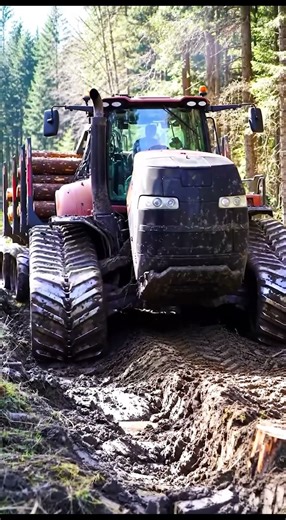 Tractor Hauling Logs Through Deep Forest Mud