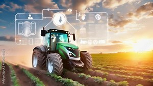 A modern tractor working in a vast field, enhanced by futuristic technology overlay symbols. The image highlights the integration of advanced technology in agriculture.