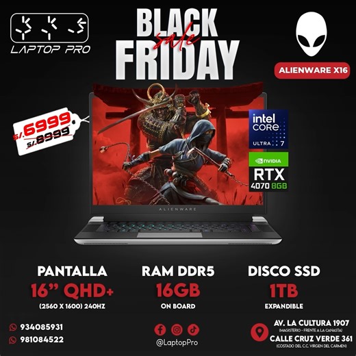 🖤 𝐁𝐋𝐀𝐂𝐊 𝐅𝐑𝐈𝐃𝐀𝐘 𝐋𝐋𝐄𝐆Ó 𝐘 𝐋𝐀𝐒 𝐁𝐄𝐒𝐓𝐈𝐀𝐒 𝐆𝐀𝐌𝐄𝐑 𝐒𝐄 𝐃𝐄𝐒𝐀𝐓𝐀́𝐍 🔥👾 Domina el campo de batalla con la 𝐀𝐋𝐈𝐄𝐍𝐖𝐀𝐑𝐄 𝐗𝟏𝟔 — elegancia, potencia extrema y rendimiento de otro universo. 🎮 La laptop Premium para gamers exigentes, ahora a precio Black Friday. ✅ Intel Core Ultra 𝟕 𝟏𝟓𝟓𝐇 (1.4GHz – 4.8GHz / 24MB Cache) ✅ 16GB RAM DDR5 (on board) ✅ 1TB SSD (Expandible) ✅ Pantalla 𝟏𝟔” 𝐐𝐇𝐃 (𝟐𝟓𝟔𝟎×𝟏𝟔𝟎𝟎) 𝟐𝟒𝟎𝐇𝐳 ✅ NVIDIA GeForce 𝐑𝐓𝐗 𝟒𝟎𝟕𝟎 𝟖𝐆𝐁
