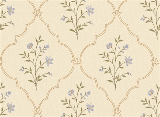 Vintage Floral Wallpaper, Beige Blue Flower Pattern, Botanical Nursery Wall, Cottage Kids Room Decor - Etsy