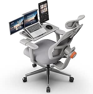 Newtral Ergonomic Office Chair with Laptop Table Tray - Home Office Desk Chair with Auto-Following Lumbar Support, 3D Armrest, Adjustable Headrest, Recline Mesh Back (with Laptop Table, Grey)