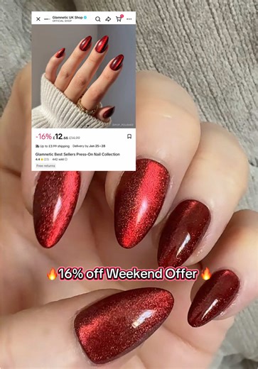 THE BEST NAILS 🙌 I’ve always been an acrylic nails girl but I’m now a GLAMNETICS nails convert and NEED them all 😅 These are Ruby Slippers. Perfect for Valentine’s Day. Last 2 weeks, no salon appointment required. 16% off weekend offer Fri-Sun Get yours in the basket below 👇 #pressonnails #tiktokmademebuyit #glamneticuk #tiktokshopmademebuyit