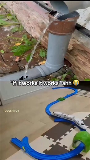 juggerNOT on Instagram: "This goofy ahh meme shows the ultimate “if it works, it works” energy. A broken pipe that somehow still does its job. A toy train running without any tracks, proving that logic isn’t always required when things just… work. A funny take on DIY fixes, life hacks, and pure chaotic engineering humor. Perfect for fans of memes that highlight how broken systems still function in the weirdest ways. Follow if you found this funny!"