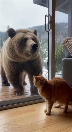 Will the ginger cat scare the bear… or just drop dead first?#cat#bear#funny#shorts#chill