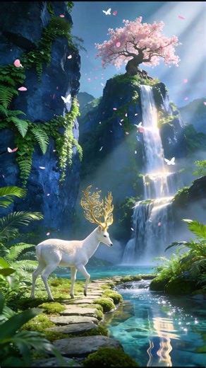 Relaxing Stream Sounds | White Deer in a Hidden Waterfall Valley #healing #relaxing #relax