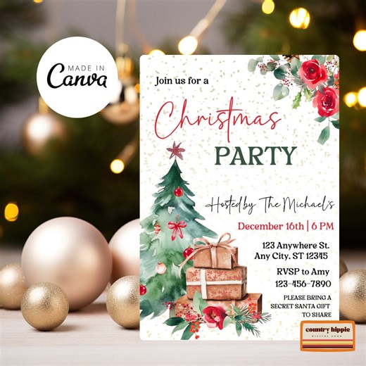 Editable Christmas Party Invitation Template: Canva Floral Invite (digital Download) - Etsy
