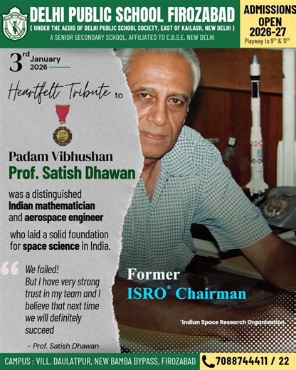 🌼 Tribute to Prof. Satish Dhawan 🌼 We proudly pays tribute to Prof. Satish Dhawan (25 September 1920 – 3 January 2002), Padma Vibhushan awardee, eminent Indian mathematician, aerospace engineer and one of the principal architects of India’s space programme. As the former Chairman of ISRO and Director of the Indian Institute of Science (IISc), Bengaluru, Prof. Dhawan played a transformative role in strengthening India’s scientific and technological capabilities. He laid a strong and enduring fo