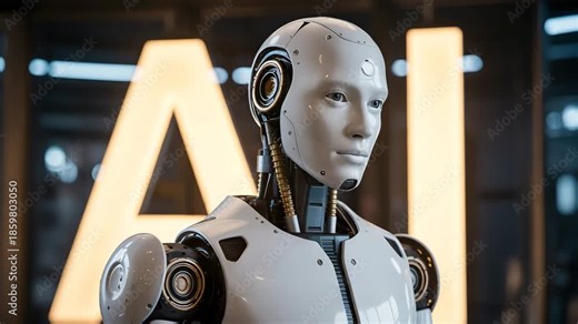 Advanced humanoid robot standing in front of glowing AI sign in modern setting video