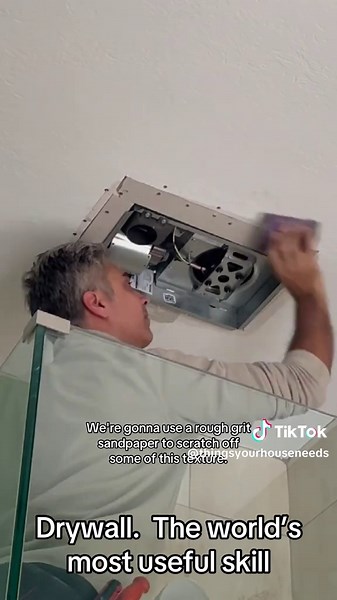 Drywall repair made easy! Bathroom fan fix, clean edges, smooth finish. Every homeowner needs this skill. #thingsyourhouseneeds #DIY #diydad