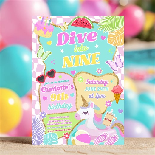 Editable 9th Pool Party Birthday Invitation, Summer Dive Into Nine, Preppy Swimming Splash Pad, Instant Download - Etsy
