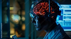 Medical cyborg brain implant in hospital two doctors doing surgery operation