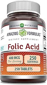 Amazing Formulas Folic Acid (Vitamin B9) 400 mcg | Tablets Supplement | Non-GMO | Gluten Free | Made in USA (1 Pack, 250 Count)