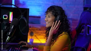 Holiday concept of 4k Resolution. Asian women are hosting an online radio program. disk jockey. DJ talking on the microphone. Stock Video
