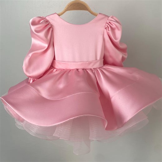 Pink Flower Girl Dress With Princess Sleeves and Big Back Bow - Etsy
