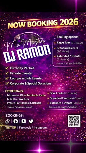 Mix Master DJ Ramon is officially NOW BOOKING 2026 🎧🔥 If you need real vibes, clean mixes, and energy that keeps the party moving this is your DJ. 🎉 Birthdays | 🥂 Private Events | 🎶 Lounges & Clubs | 🏢 Corporate 📩 DM for bookings or email jugarproduction@Gmail.com@ Let’s make your 2026 event legendary 💜✨ #MixMasterDJRamon #NowBooking2026 #DJLife #EventDJ #fypシ゚