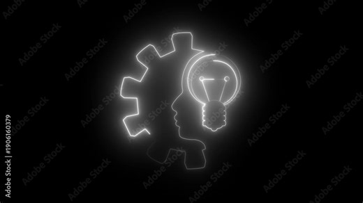 Lamp in the head of a person. Lamp head businessman. Brainwork, idea appearance. Switch on bulb icon with idea text. Neon glowing.