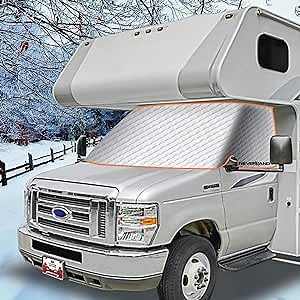 NEVERLAND RV Windshield Cover for Class C Ford 1997-2023, RV Front Window Cover RV Motorhome Windshield Snow Cover with Strong Magnet,Side Mirror Cutouts, Elastic Corner Bands
