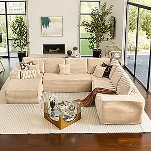 ovios Sectional Cloud Couch for Living Room, Modular Floor Sofa with Plush Corduroy, No Assembly Required, Big Comfy Couches Set with Fluffy Memory Foam, Stupendous U Shaped Sofas with Chaise, Beige