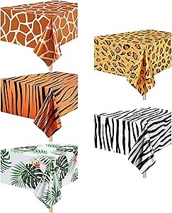 Animal Safari Tablecloth Jungle Animal Theme Tablecover Tiger Zebra Giraffe Print Table Cover Tropical Leaf Tablecloth Party Supplies for Jungle Safari Birthday Baby Showers (Greenery Style, 5 Pcs)