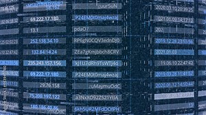 Database with passwords. Animation. Data with IP addresses and passwords in table rows. Computer database with passwords in public domain