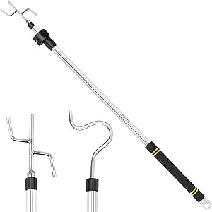 Clothes Hanger Reaching Hook, High Reach Garment Hook Telescopic Adjustable 37" to 63" for Hanging Clothes Plants Bird Feeders Christmas Light Pole Stainless Steel Material with 2 Long Hooks