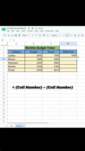 How to Calculate Difference in Excel/Google Sheets! 📊 #Shorts #ExcleTricks