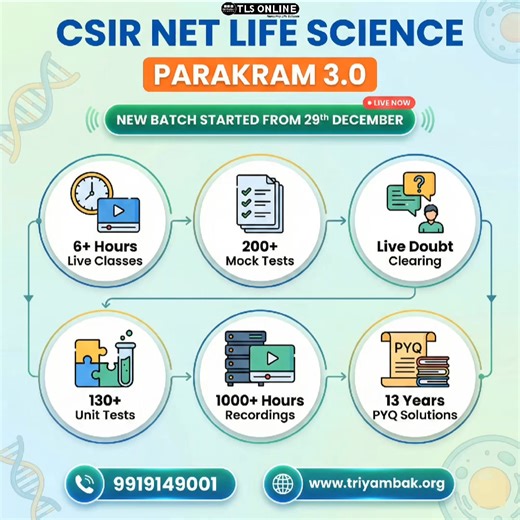 Tls Coaching Kanpur on Instagram: "🚀 Launch Your CSIR NET Journey with PARAKRAM 3.0! Are you aiming to crack the CSIR NET Life Science exam? The wait is over! TLS Online presents the all-new Parakram 3.0 batch, designed to give your preparation the winning edge. We are starting fresh on 29th December. Don't miss out on comprehensive training that covers every aspect of the syllabus. 🎥 6+ Hours of Live Classes Daily 🔴 Live Doubt Clearing Sessions 📚 1000+ Hours of Recordings available 📝 200+