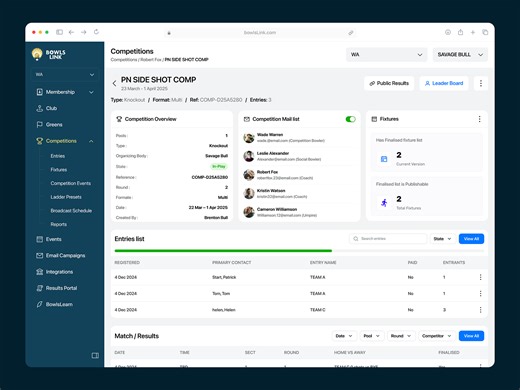 BowlsLink – Sports Competitions Dashboard