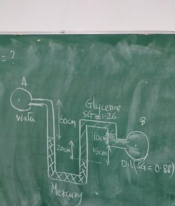 A U-tube manometer contains water, mercury, glycerine, and oil ... | Filo