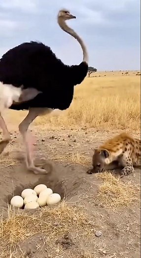 Can the ostrich fight off the hyena and save its eggs? 🐦🥚🆚🦊🔥타조가 알을 지켜낼 수 있을까? #hyena #danger #rescue