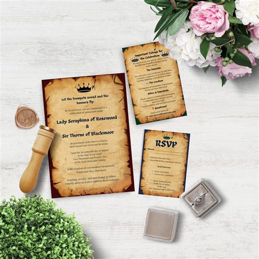 Renaissance Wedding Invitation Suite, Canva Template | Medieval, RSVP & Details Card | Editable Printable | Enchanted Scroll MMV004 - Etsy