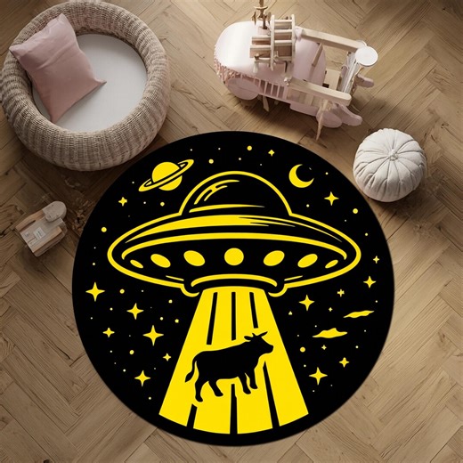 UFO Cow Abduction Round Rug Alien Spaceship Beam Floor Rug Sci Fi Space Decor - Etsy