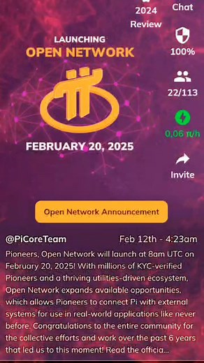 📣Pionir, Open Network akan diluncurkan pada pukul 8 pagi UTC pada tanggal 20 Februari 2025! Dengan jutaan Pionir yang terverifikasi KYC dan ekosistem berbasis utilitas yang berkembang, Open Network memperluas peluang yang ada, yang memungkinkan Pionir menghubungkan Pi dengan sistem eksternal untuk digunakan dalam aplikasi dunia nyata dengan cara yang belum pernah ada sebelumnya. Selamat kepada seluruh komunitas atas upaya dan kerja kolektif selama 6 tahun terakhir yang membawa kita hingga saat 