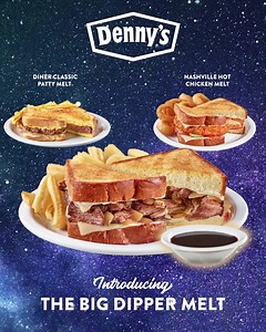 One huge step for melt-kind. The New! Big Dipper Melt is now among us—and it’s out-of-this world good. Try it and all the new Melts that have just touched down at Denny’s. | Denny's