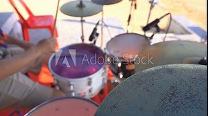 Crash cymbal of drum set and musician playing music and sing song, blurred bass drum and other instrument, entertainment on camp mini concert of people, hi-hat equipment to hitting, rock song of sing Stock Video