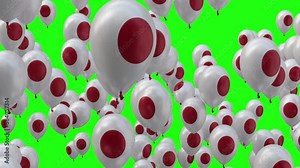 Japan Flag Helium Balloons, Flying from Bottom to Top Isolated on Green Screen Background,4K Video Element