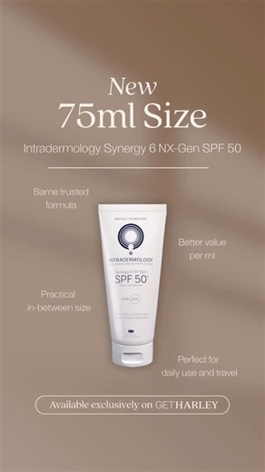 GetHarley Practitioners on Instagram: "Introducing GetHarley’s second exclusive product, a best seller in a one of a kind size: Intradermology Synergy6 NX-Gen SPF 50, now available in a new 75ml size. This lightweight, multi tasking SPF is designed to protect and support the skin barrier, blending seamlessly into the skin and sitting evenly under make up. This size offers better value per ml while maintaining the same trusted formulation patients love. Just in time for ski season and winter sun 