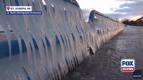 Watch: Thick icicles coat Lake Michigan pier as arctic air rattles the Great Lakes