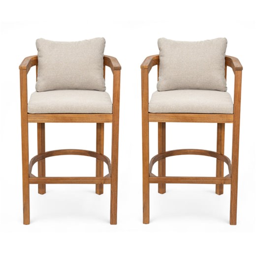 Set of 2 Outdoor Bar Stools with Cushions, Acacia Wood Patio Counter Height Chairs with Armrests for Balcony, Garden, Backyard, Teak