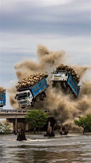 Shocking Bridge Collapse! Dozens of Sheep Spill Into Flooded River #SheepTruck #TruckAccident