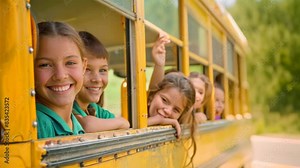 Young girls joyfully riding on the back of a yellow school bus, A school bus with happy children looking out the windows