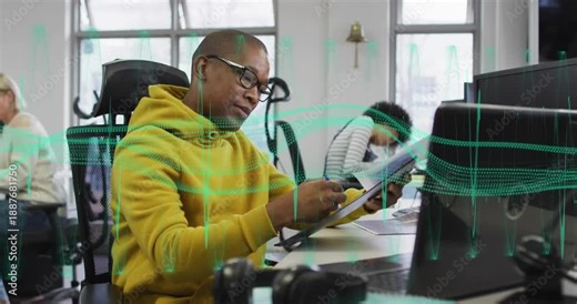Office worker reviewing notes and activating wave-form animation illustrating data trends in office