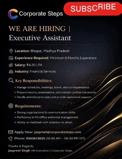 Bhopal Hiring Alert 🚨 | Executive Assistant Job 💼 | ₹4.2 LPA Salary 🔥 Apply Now!
