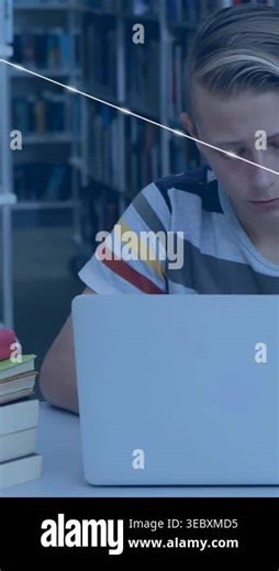 Vertical video: Student using laptop in library line sweep starting WiFi cell icons forming edu web. Teen, focus, study, network, overlay, graph, vertical video Stock Video Footage - Alamy