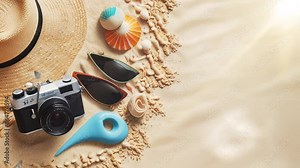 Travel background with camera and beach hat on white sand, in smooth looping background with 4K video animation.