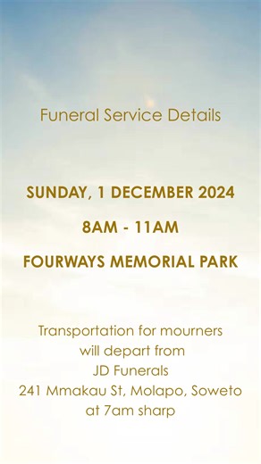 With profound sadness, we announce the passing of our beloved mother and esteemed founder, Joyce Dibane "JD" Tsotetsi. Since establishing JD Funerals in 1981 in Rockville, Soweto, she broke barriers as a trailblazing woman in a male-dominated industry. Her vision brought sensitivity and personalized service to funeral care, ensuring dignity and compassion for countless families. Her unwavering dedication and remarkable legacy have left an indelible mark on the community she loved and served so d