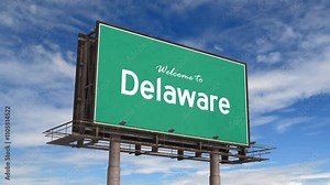 Welcome To Delaware Road Sign. Airplane Landing Delaware State USA.