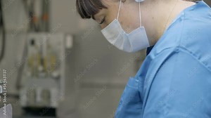 Using the automated debeaking machine to cut farmed poultry birds noses. Debeaking the small chicken animals at the poultry farm. Female worker of poultry farm pushes birds into debeaking equipment.