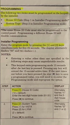 ADEMCO wireless keypad 5828v programming reference