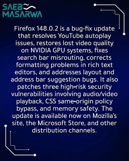 Firefox 148.0.2 fixes YouTube issues, boosts NVIDIA GPU video quality, and more